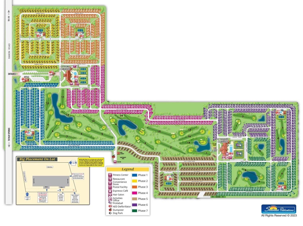 Outdoor Resorts Palm Springs full resort map — all lot numbers, phases, satellites, golf course, clubhouses, and amenities